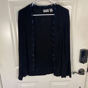Chicos Travelers Black Cardigan Size‎ 1 Long Sleeve Blue Trim Open Front